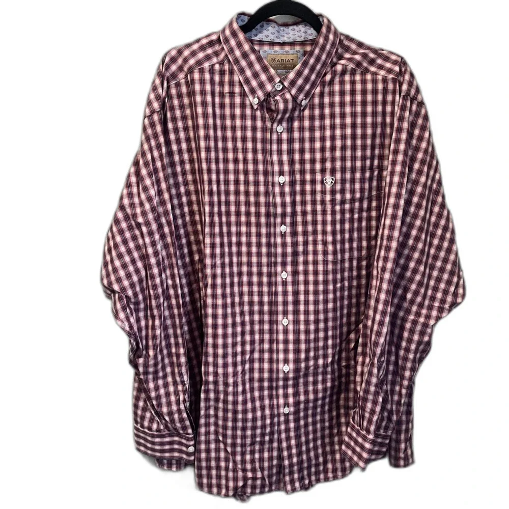 Ariat Mens XXL Wrinkle Free Plaid Button Down Shirt White Red Long Sleeve Rodeo - Picture 1 of 6